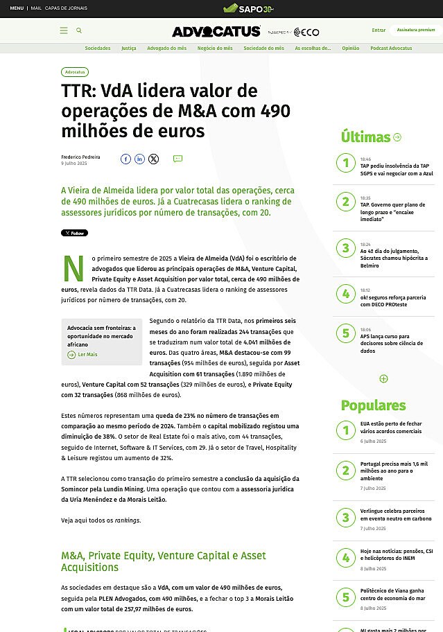 TTR: VdA lidera valor de operaes de M&A com 490 milhes de euros
